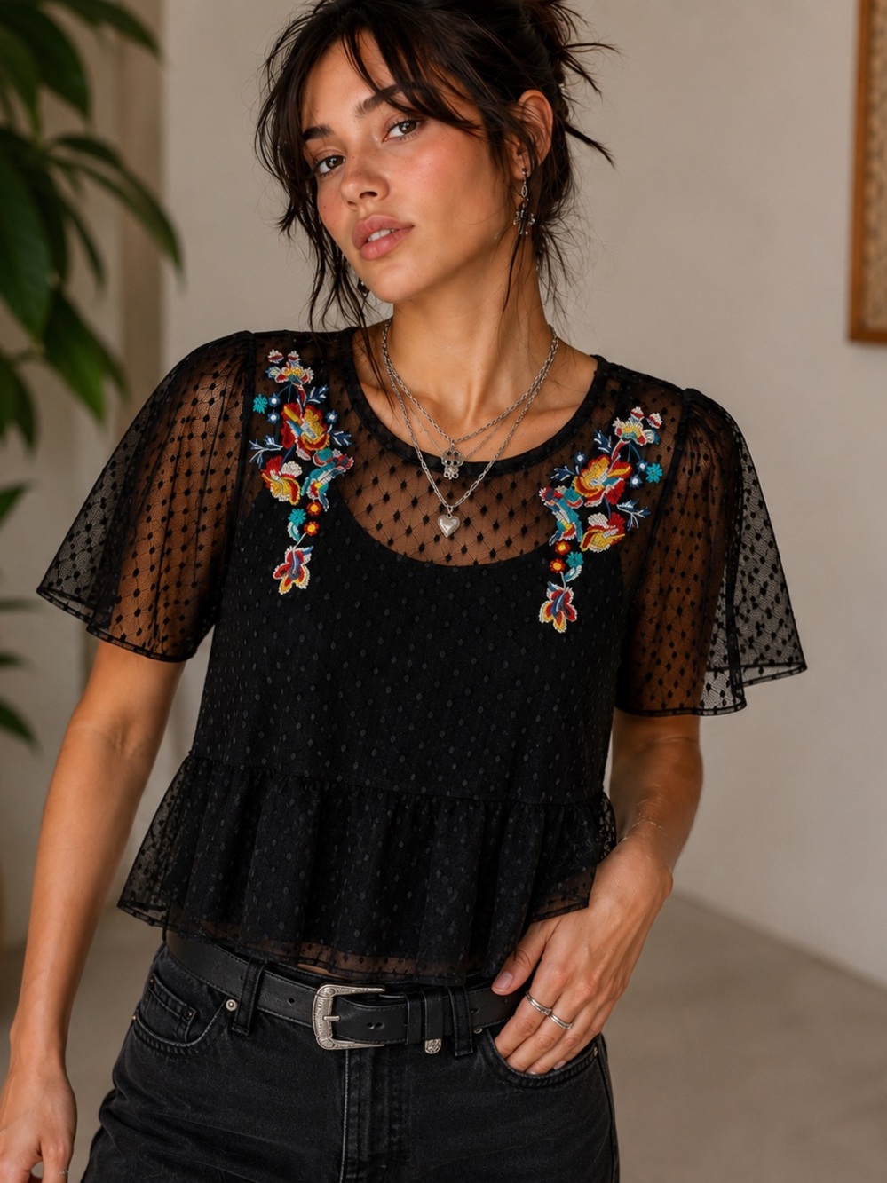 Max Sheer Embroidered Swiss Dot Mesh Peplum Top Removable Tank